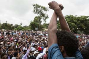 People protested against the Ethiopian government during Irreecha, the annual Oromo festival to celebrate the end of the rainy season, in Bishoftu on October 1, 2017