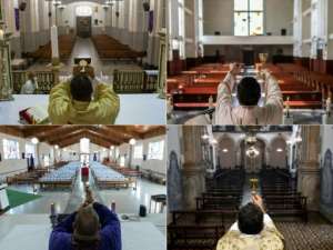 Photo combination showing Easter masses being celebrated in empty churches across Latin America on Sunday, (L-R and top to bottom) Caracas, Tlalnepantla in Mexico, San Jose and Ouro Preto in Brazil. By CRISTIAN HERNANDEZ, PEDRO PARDO, Ezequiel BECERRA, DOUGLAS MAGNO (AFP)