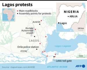 Demonstrations and roadblocks in Lagos on October 20, the day of the Lekki shooting.  By Gillian HANDYSIDE (AFP)