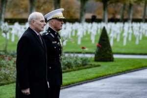 President Trump came under fire after cancelling a visit to an American World War I cemetery because of rain, sending Chief of Staff General John Kelly (L) and Chairman of the Joint Chiefs of Staff General Joe Dunford instead.  By Geoffroy VAN DER HASSELT (AFP)