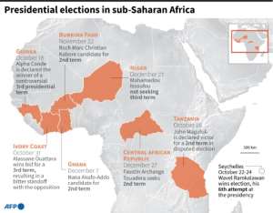 Presidential elections planned or held in sub-Saharan African in the final months of 2020. By Robin BJALON (AFP)