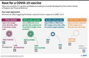 COVID-19 vaccines in development being tracked by the London School of Hygiene and Tropical Medicine. By John SAEKI (AFP)
