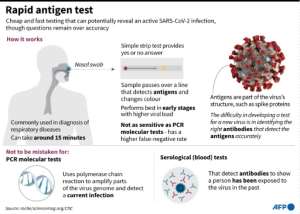 Graphic on a nasal swab-test that can quickly check for the presence of the SARS-CoV-2.. By John SAEKI (AFP)