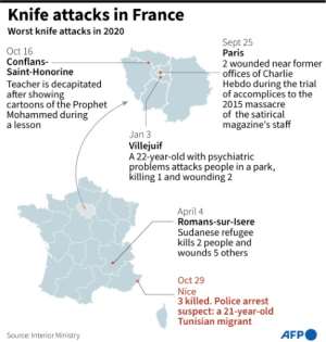 Map of France showing recent knife attacks.. By Robin BJALON (AFP)
