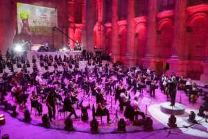Rehearsals ahead of the Sound of Resilience concert inside the Temple of Bacchus at the historic site of Baalbek in Lebanon's eastern Bekaa Valley, on July 4, 2020. By - (AFP)
