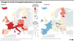 Maps showing the rise/fall in Covid-19 hospital admissions in Europe over the space of one week. By Robin BJALON (AFP)