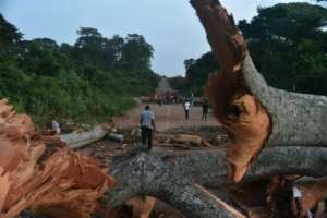 Roads around Daoukro were blocked with tree trunks. By SIA KAMBOU (AFP)