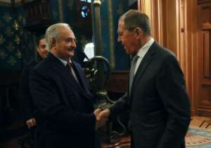 Russian Foreign Minister Sergei Lavrov (R) welcomed Libya's military strongman Khalifa Haftar (L) in Moscow. By HO (RUSSIAN FOREIGN MINISTRY/AFP)