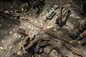 Senegalese troops showed weapons, ammunition and other items at a captured base.  By JOHN WESSELS (AFP)