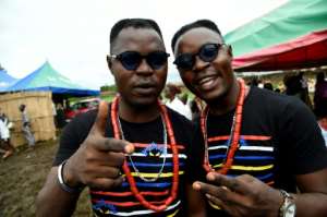 Seeing double: Hip-hop artists and identical twin brothers Alese Kehinde Akat, left, and Alese Taiwo Akat. By PIUS UTOMI EKPEI (AFP)