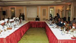Shams al-Din Kabashi (C), of Sudan's ruling Sovereign Council, meets with protest leaders in Port Sudan, where demonstrations threaten the impoverished country's fuel supplies and revenue. By Ibrahim ISHAQ (AFP)