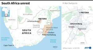 Map of South Africa showing cities hit by unrest in recent days.. By Erin CONROY (AFP)