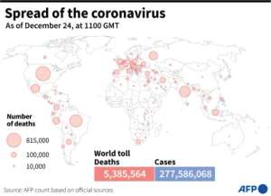 World map showing the number of Covid-19 deaths by country, as of November 13 at 1100 GMT. By Simon MALFATTO (AFP)