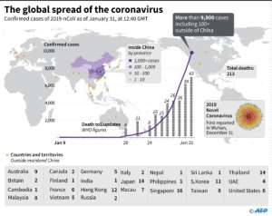 Countries or territories with confirmed cases of the 2019 Novel Coronavirus as of February 1 at 08:30 GMT..  By John SAEKI (AFP)