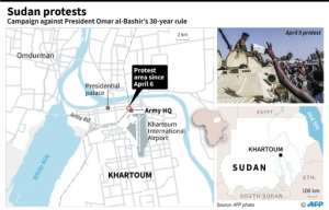 Close-up map of Khartoum locating the protest area near the army headquarters since April 6. By (AFP)
