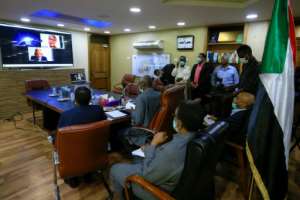 Sudan's Minister of Water Resources Yasir Mohamed takes part in a video meeting on the Ethiopian dam project. By ASHRAF SHAZLY (AFP)