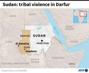 Map of Sudan locating the village of Saadoun and de El-Geneina in the Darfur region.. By Aude GENET (AFP)