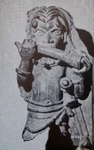 Chief's attendant blowing a side-horn Benin, Nigeria, now in Field Museum, Chicago, United States of America.