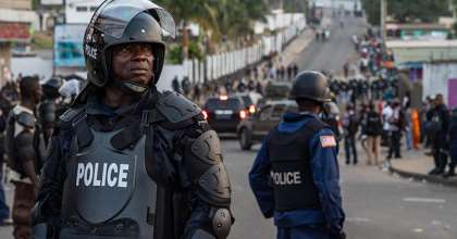 Police are seen in Monrovia, Liberia, on January 6, 2020. Police recently arrested journalist Kaluba Akoi over his Facebook posts. (AFP/Carielle Doe)