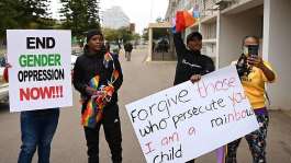 LGBTQ activists in Botswana respond to the Coalition of Botswana Christian Churches against homosexuality, July 22, 2023 that protested legislation seeking to make same-sex relation legal. - AFP - MONIRUL BHUIYAN