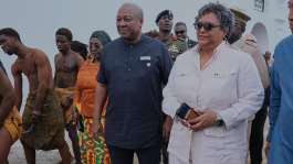 Ghanas President John Dramani Mahama (L), Barbados Prime Minister Mia Amor Mottley (C) and Ghanaian Foreign Minister Samuel Okudzeto Ablakwa (R) arrive at Osu Castle in Accra for a ceremony commemorating the abolition of slavery, 19 June 2026. -  AP Photo/Reuben Ekow Quansah