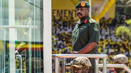 Muhoozi Kainerugaba, son of President Yoweri Museveni and Ugandas Chief of Defence Forces, inspects a military parade at the Kololo Ceremonial Grounds in Kampala on 12 May, 2026. - AFP - BADRU KATUMBA
