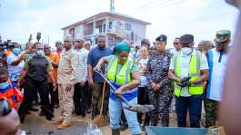 Vice President Professor Jane Naana Opoku-Agyemang, taking part in the National Cleaning Exercise at Nungua, Accra