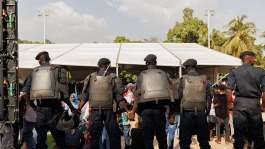 Police officers in Bamako, Mali, stand guard at a demonstration against Algeria after it shot down a Malian drone, on 12 April 2025. -  AFP