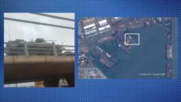 The photo at left, posted on July 23, 2026, shows a convoy of military vehicles driving through the town of Sikasso in Mali. The image at right is a satellite image of the Mikhail Britnev taken on July 12, 2026. -  Facebook, Airbus DS July 2026