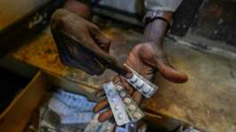 A person receives free medication in Sudans capital. In Blue Nile to the south, displaced people have reported shortages of medicine and food.  By Khaled DESOUKI (AFP)