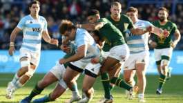 Argentina prop Tomas Rapetti is tackled during a one-off Test against South Africa in Buenos Aires.  By Alejandro PAGNI (AFP)