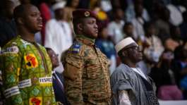 Burkina Faso military leader Captain Ibrahim Traore (C) says he is leading a popular progressive revolution.  By OLYMPIA DE MAISMONT (AFP/File)