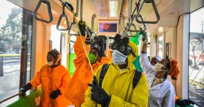 Cleaning staff disinfect a metro carriage in Addis Ababa -- Ethiopia announced its first COVID-19 deaths Sunday. By Michael Tewelde (AFP)
