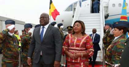 Democratic Republic of Congo's President Felix Tshisekedi and his wife Denise arrive for an official visit in Belgium at the Melsbroek military airport.. By Benoit DOPPAGNE (POOL/AFP)