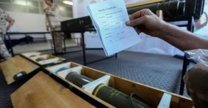 Fighters loyal to Libya's UN-recognised government display Chinese-made shells bearing the markings of the United Arab Emirates, reportedly seized from Haftar's forces, in June 2019. By - (AFP)