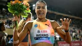 Switzerlands Audrey Werro celebrates after winning the womens 800m at the Lausanne Diamond League.  By Fabrice COFFRINI (AFP)